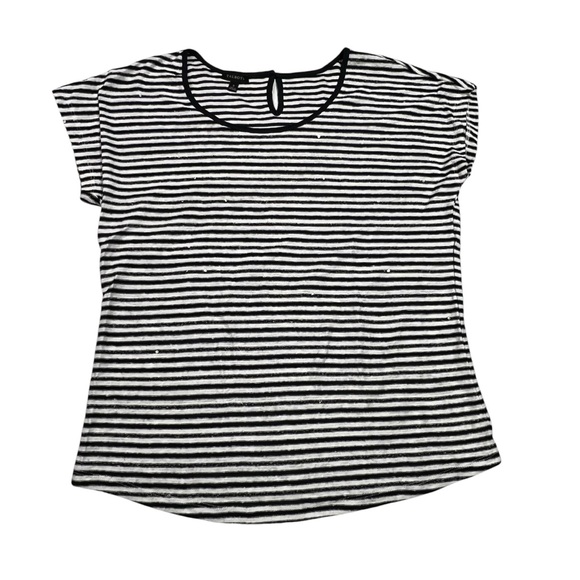 Talbots Linen Blend Black and White Striped Short Sleeve Tee - Picture 2 of 7